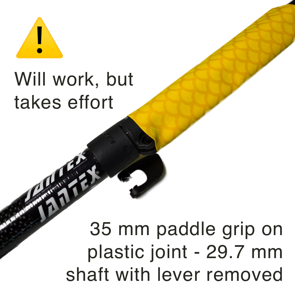 Yellow Paddle Grip Kayak 35 mm Diamond pattern mounted on plastic joint kayak shaft 29.7 mm with lever removed (tight fit, requires effort)