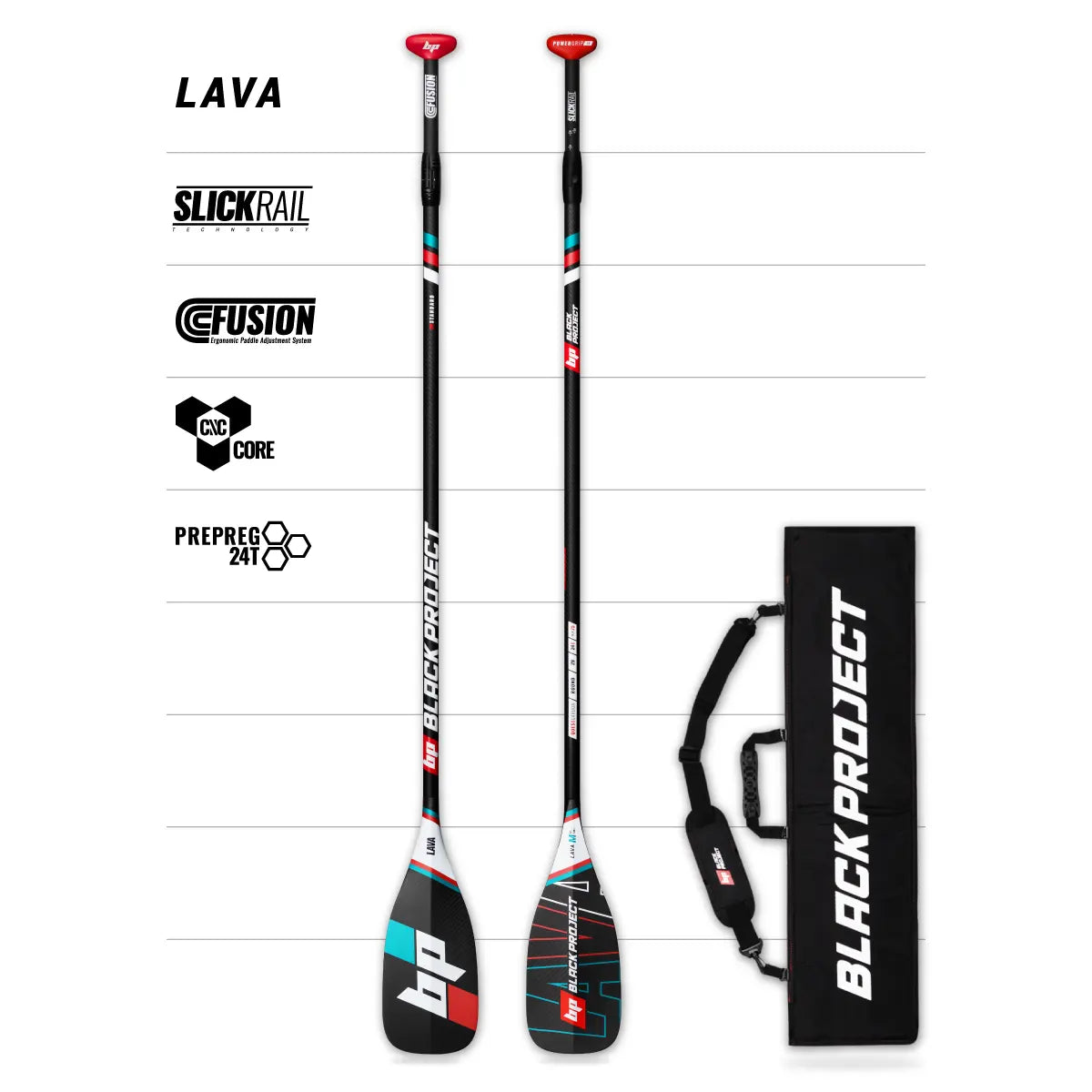 Black Project Lava 3-piece adjustable SUP paddle with paddle bag