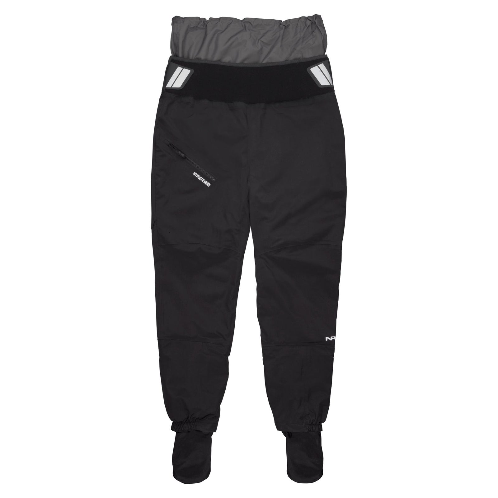 Front view of the NRS Women's Freefall Dry Pant, black waterproof pants with adjustable waistband.