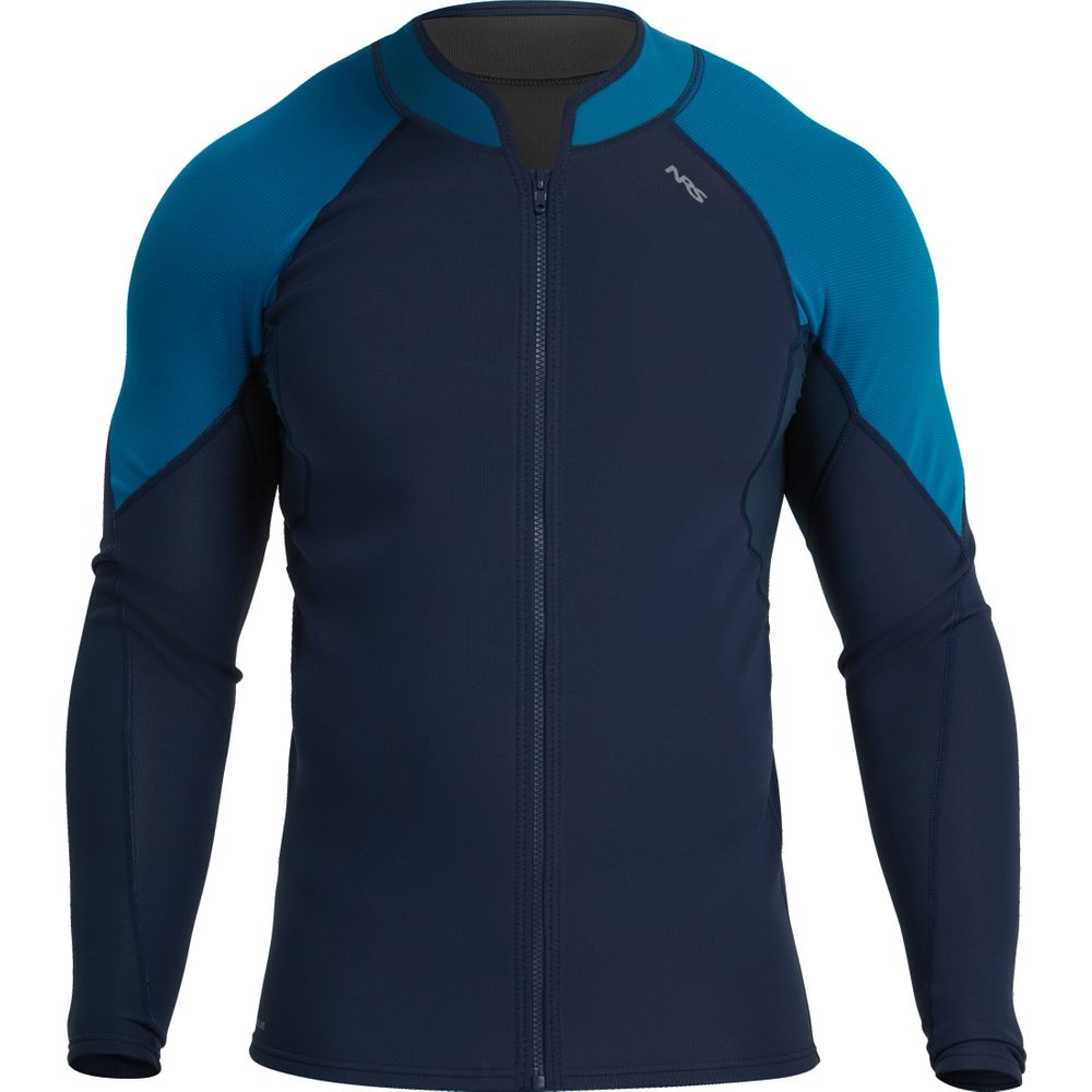 Front view of NRS Men's HydroSkin 0.5 Jacket in navy blue with lighter blue shoulders and sleeves