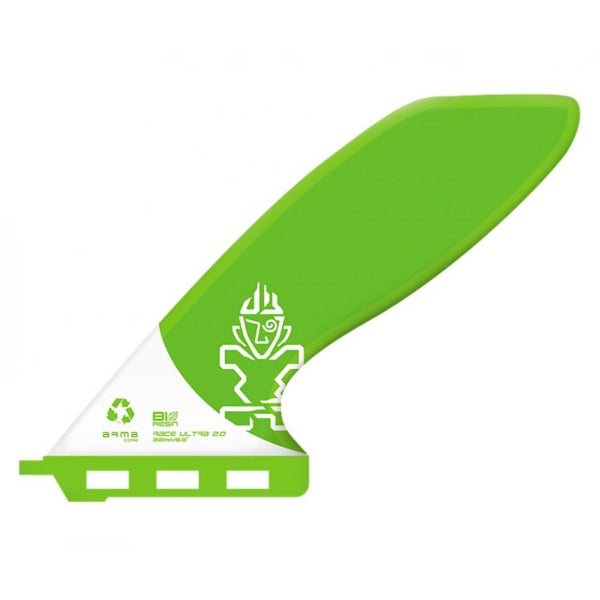 Starboard Race Ultra SUP Race Fin in vibrant green and white, featuring streamlined shape for improved speed and tracking performance.