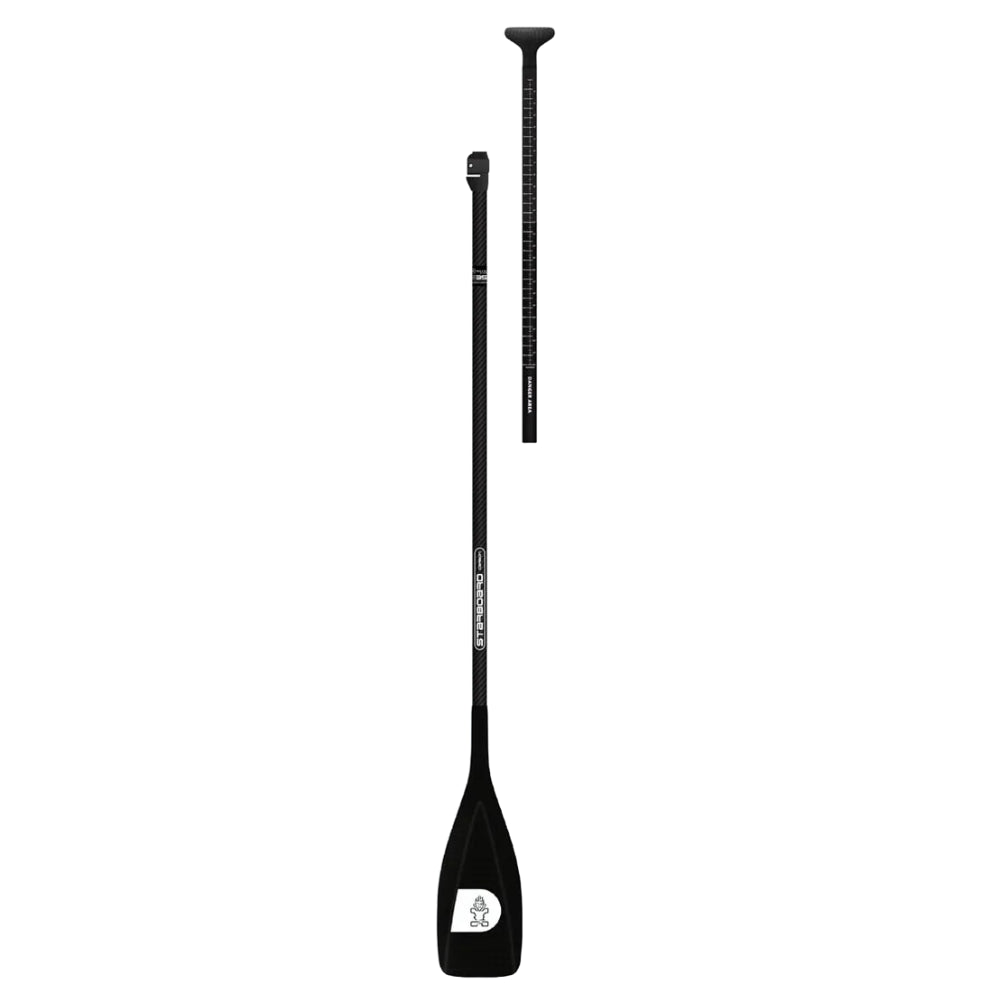 Full view of the two-piece Starboard Lima Carbon adjustable SUP paddle with carbon shaft and black blade.