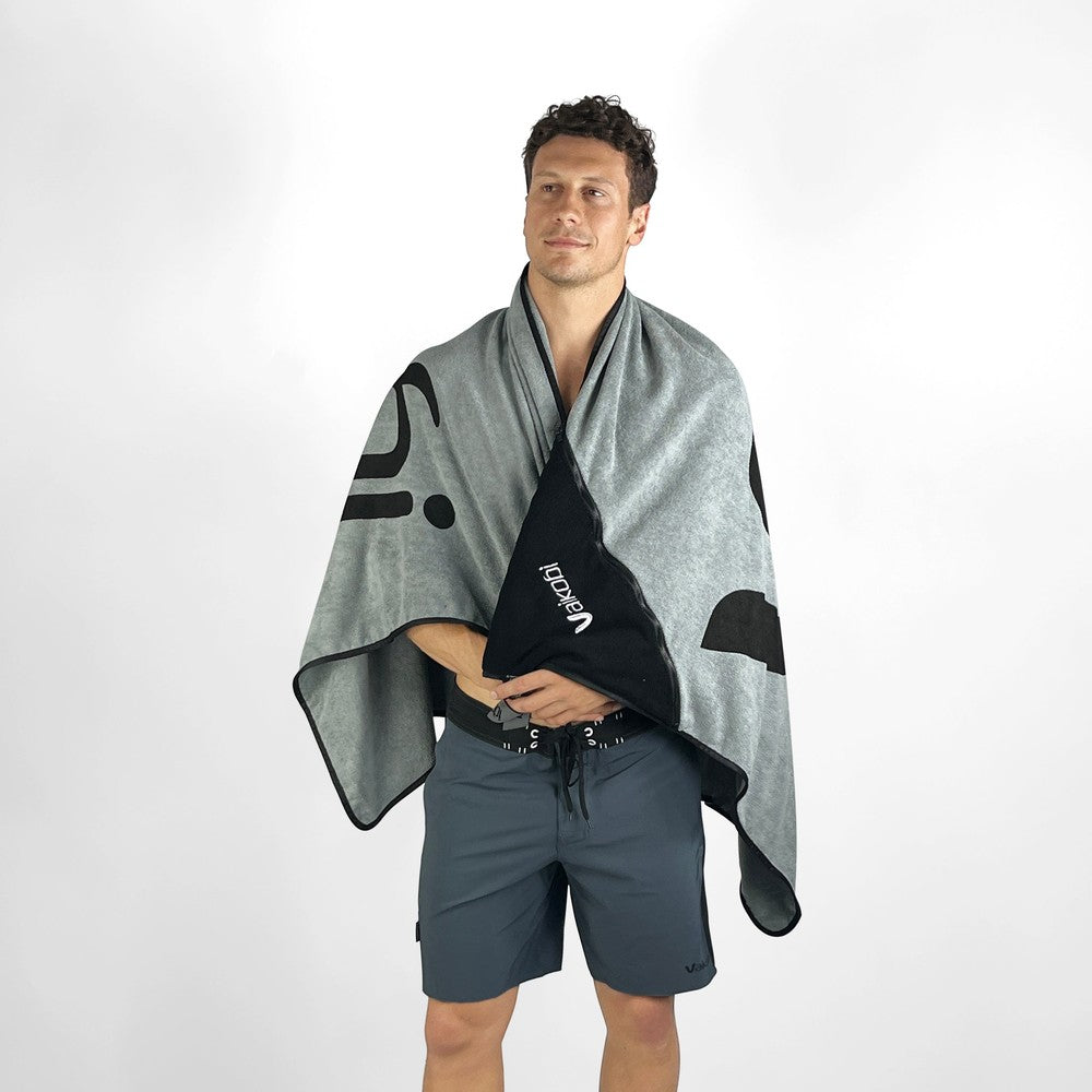 Vaikobi Beach Towel with Zip Pocket Grey - draped over shoulders back view