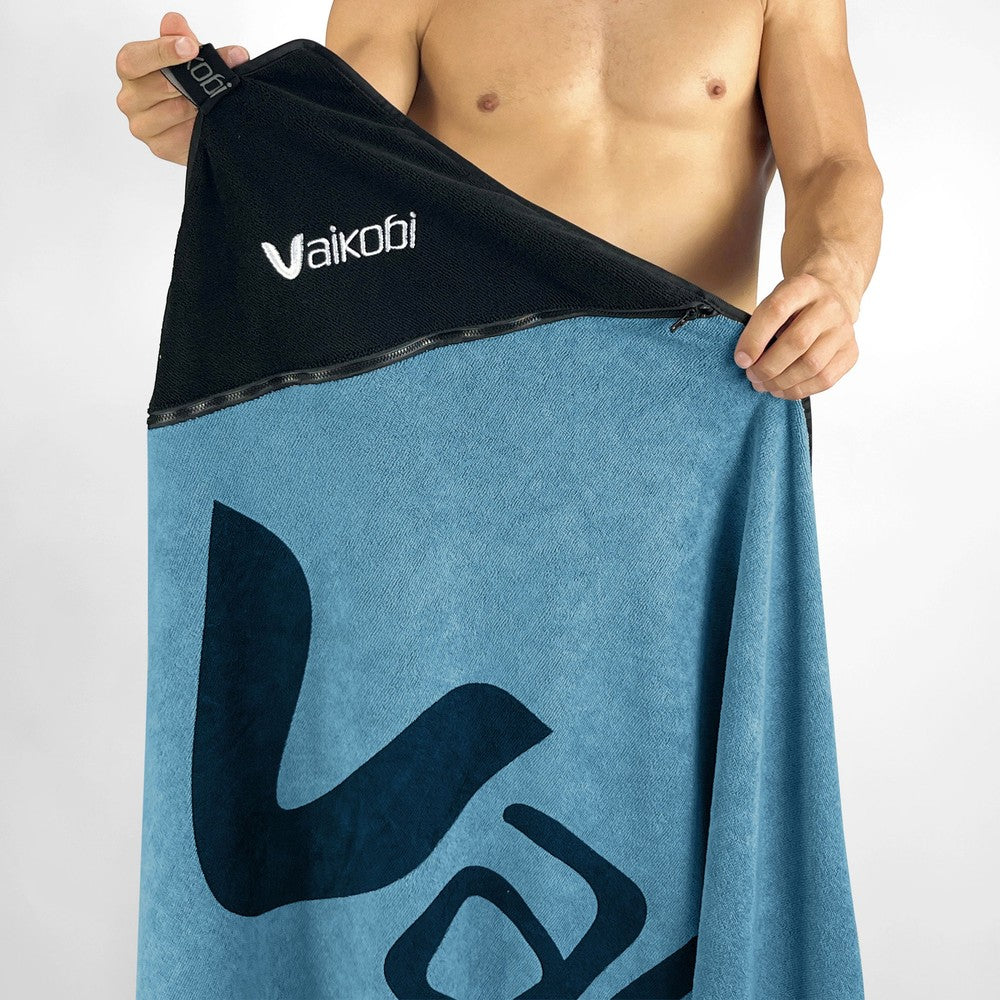 Vaikobi Beach Towel with Zip Pocket Ocean Blue - zip pocket detail