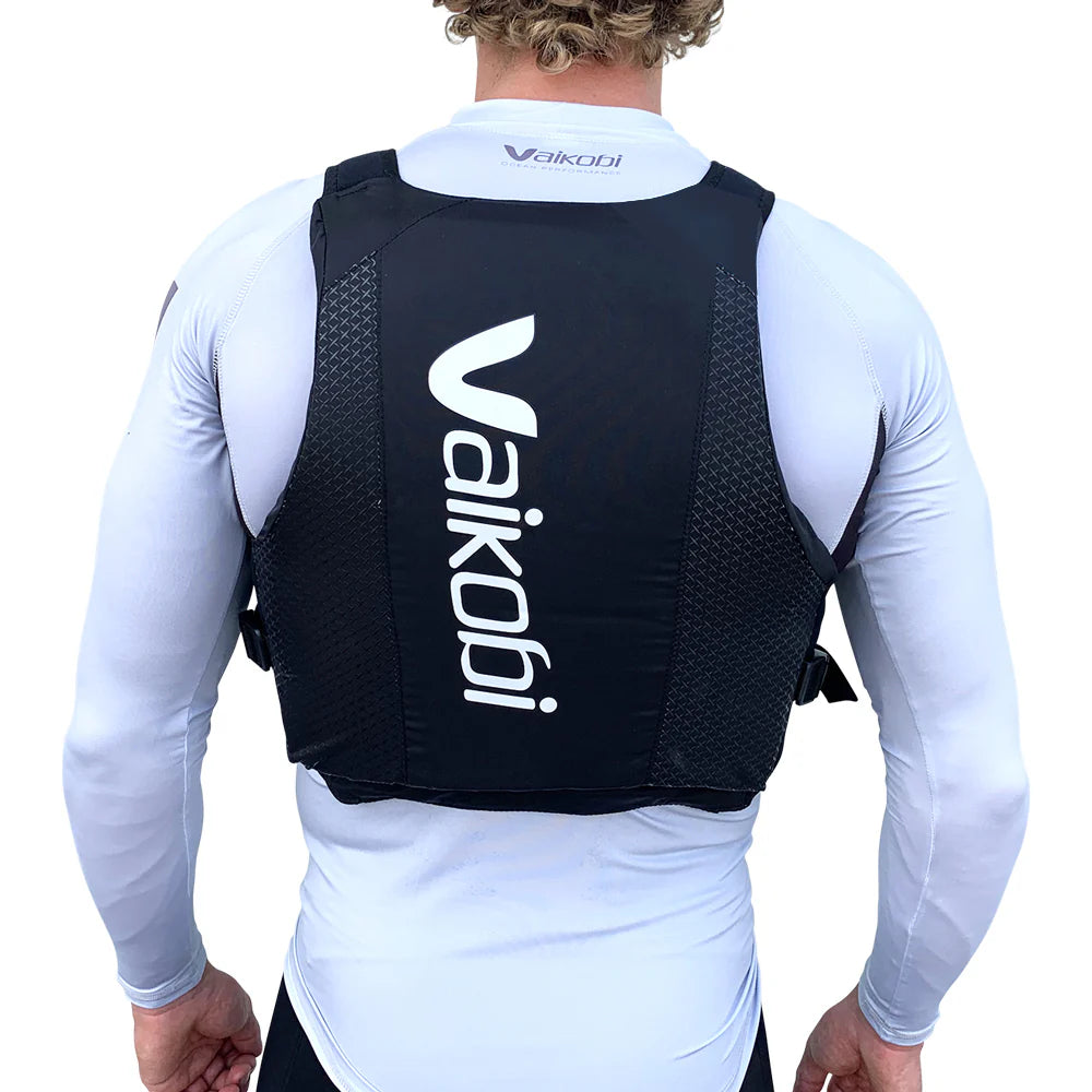 Vaikobi race pfd surfski sup life vest black front with male model