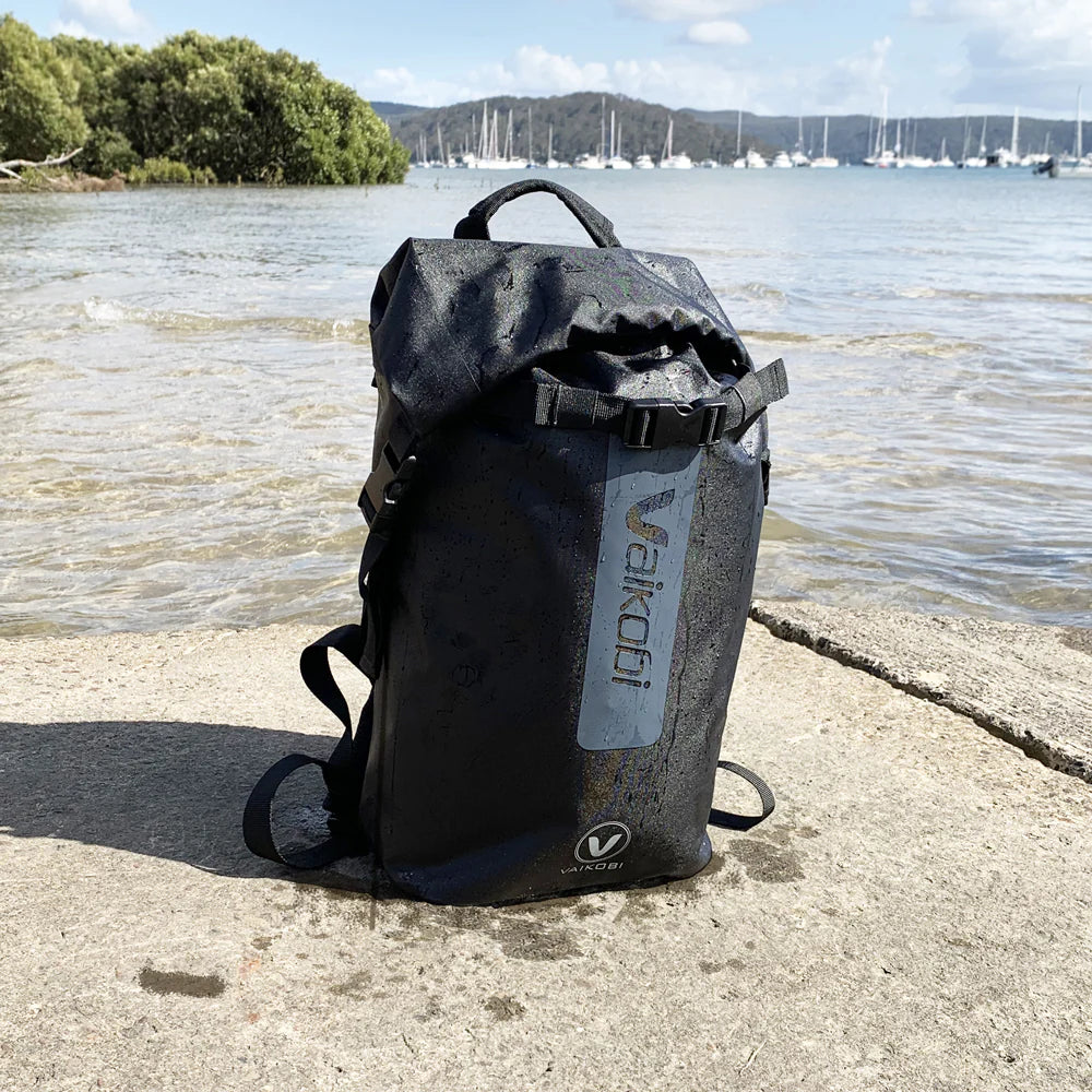 Vaikobi 30 liter dry backpack, in front of water