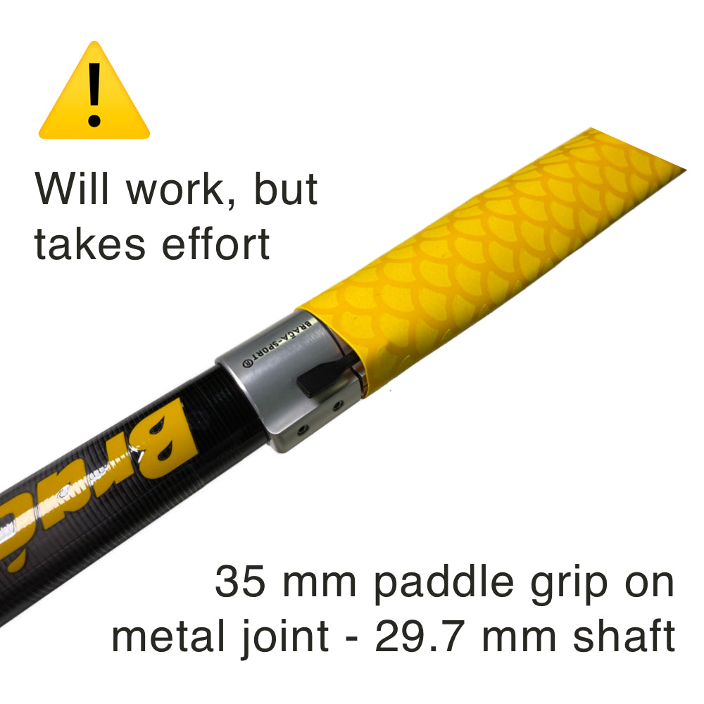Yellow Paddle Grip Kayak 35 mm Diamond pattern mounted on metal joint kayak shaft 29.7 mm (tight fit, requires effort)