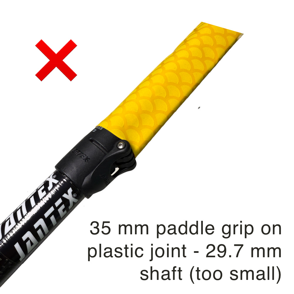 Yellow Paddle Grip Kayak 35 mm Diamond pattern mounted on plastic joint kayak shaft 29.7 mm (shaft too small, does not fit)