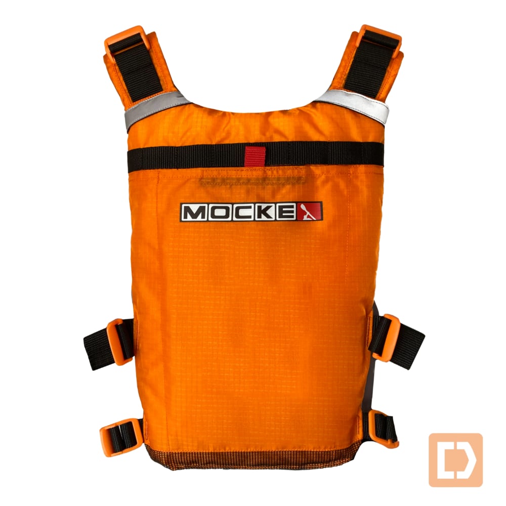 Mocke Flow PFD, orangefarbene Schwimmweste für Surfski, Kajak und SUP - Vorderseite
