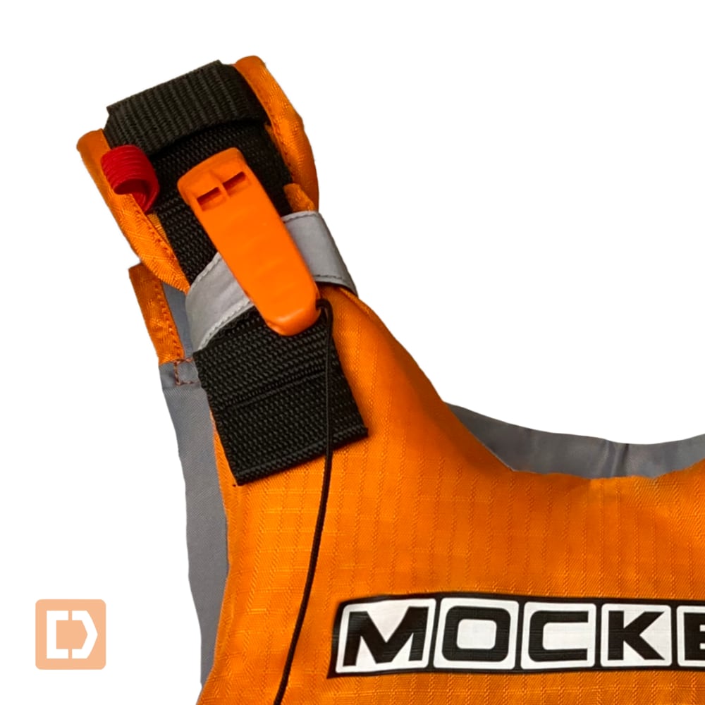 Mocke Flow PFD, orange life jacket for surfski, kayak and SUP - detail, whistle