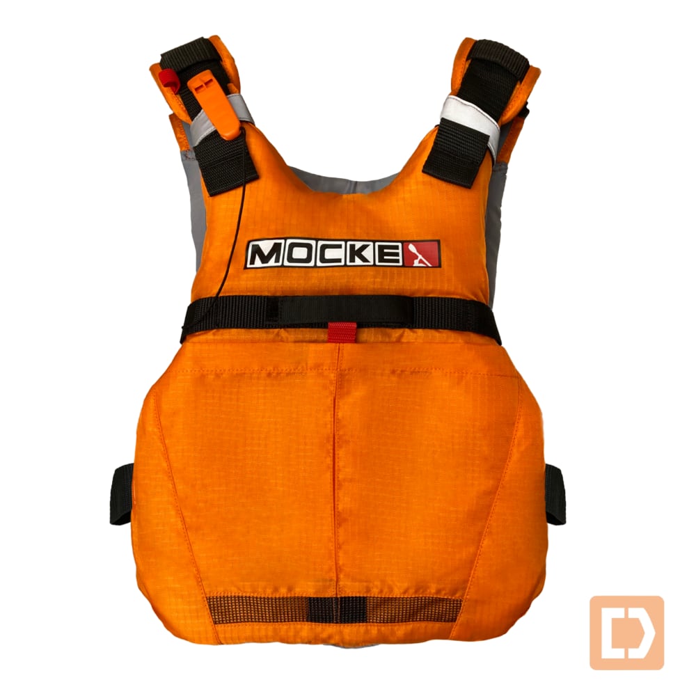 Mocke Flow PFD, orangefarbene Schwimmweste für Surfski, Kajak und SUP - Vorderseite