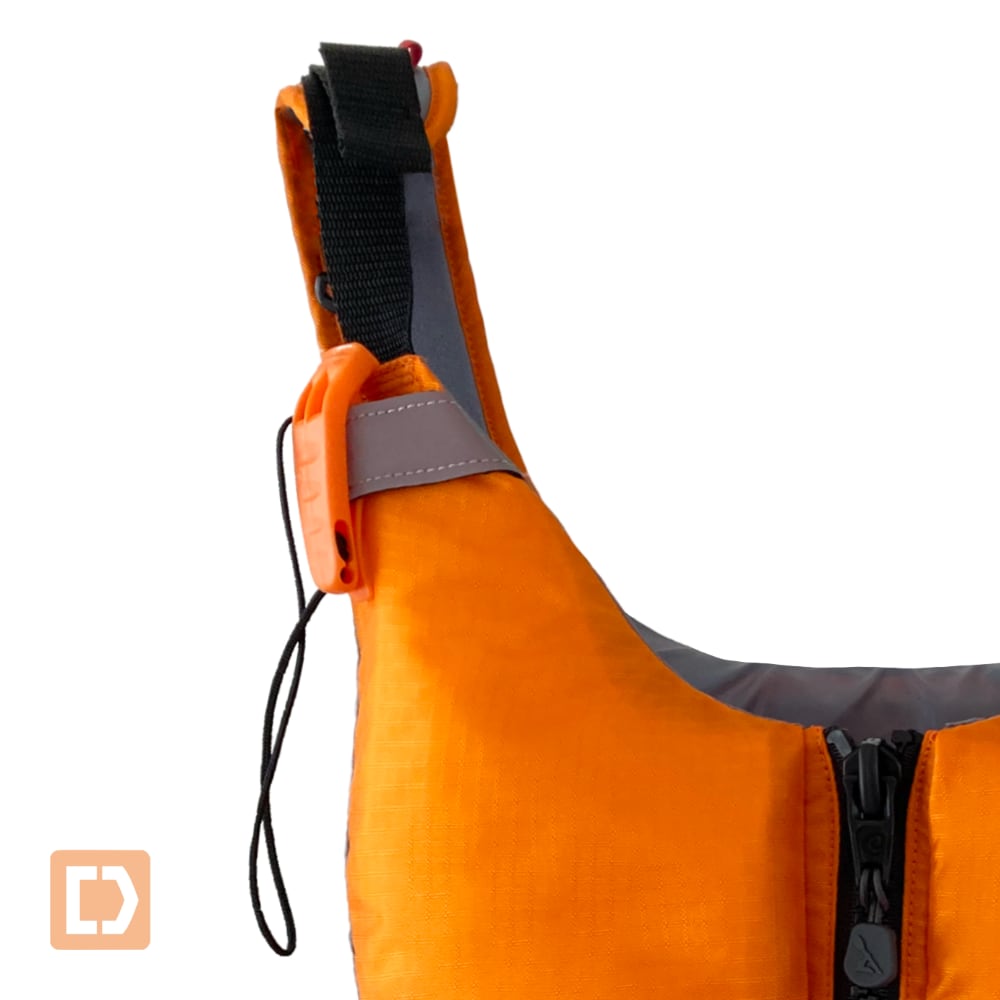 Mocke Flow Zip PFD - paddling life vest with front zip in orange color - detail, emergency whistle
