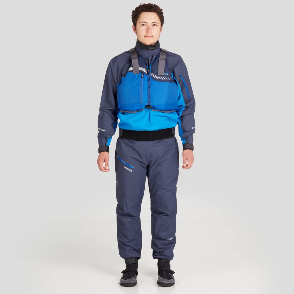 NRS Men&#39;s Echo Splash Jacket blue - with male model front with life jacket
